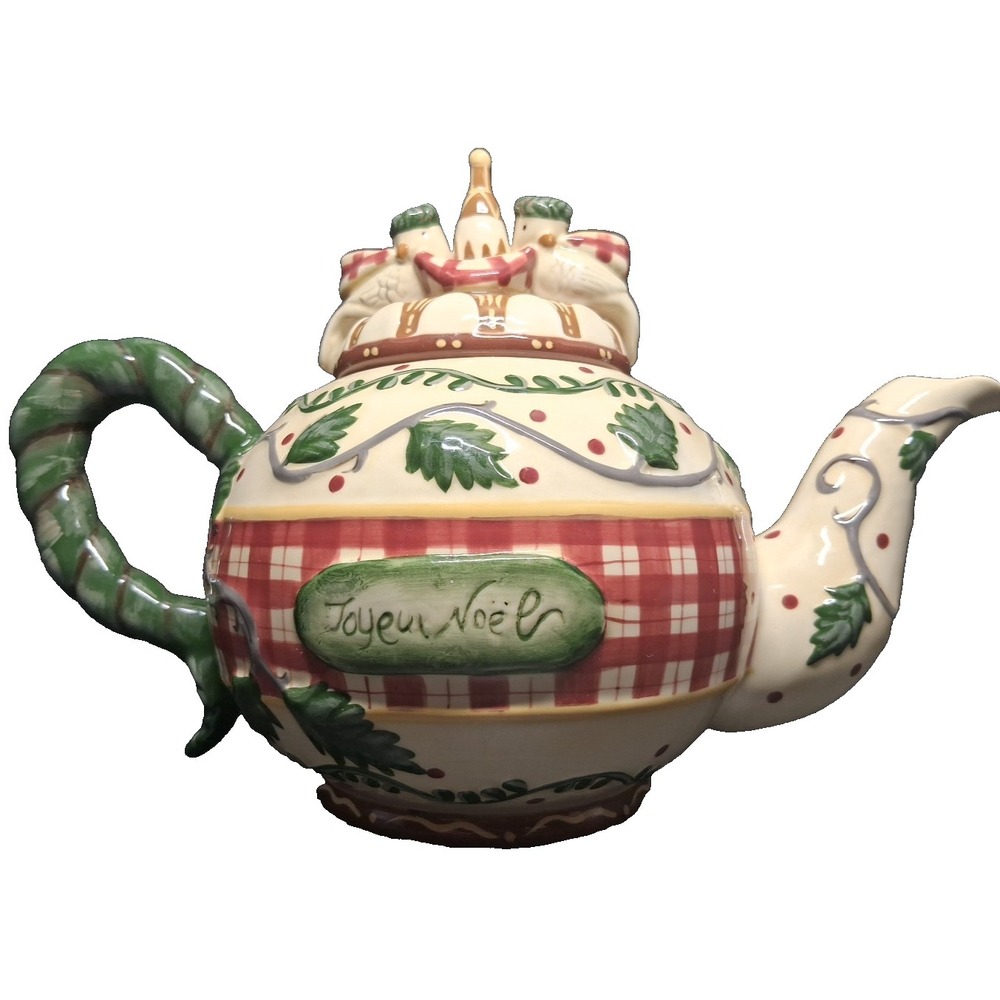 Christmas Teapot with Bird Finial and "Joyeux Noel" Decoration by Silvestri
